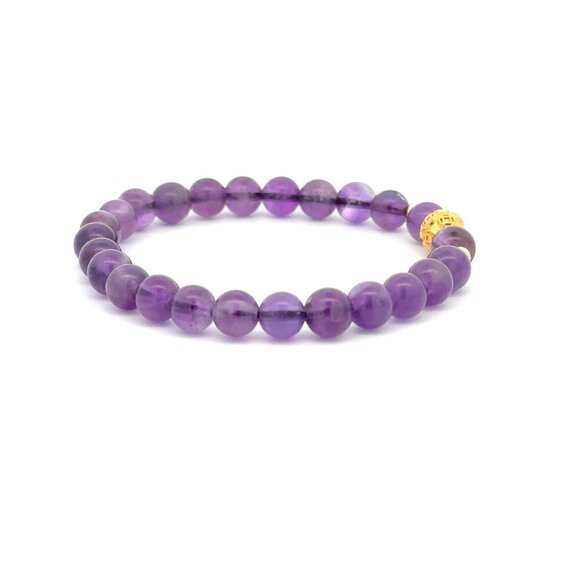 18K Gold Money Ball Lucky Charm Beads Bracelet Gemstones Amethyst 6mm - Picture 5 of 9